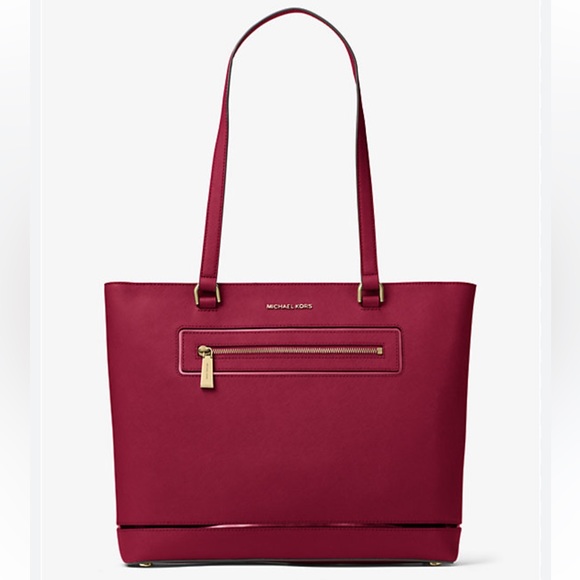 Michael Michael Kors Frame Out Jet Set Large Leather Tote Bag Burgundy